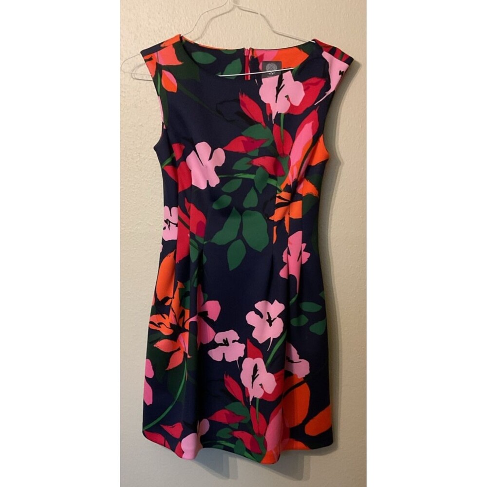 Vince Camuto Dress Pleated Dark Blue/Pink Floral Midi Size 6